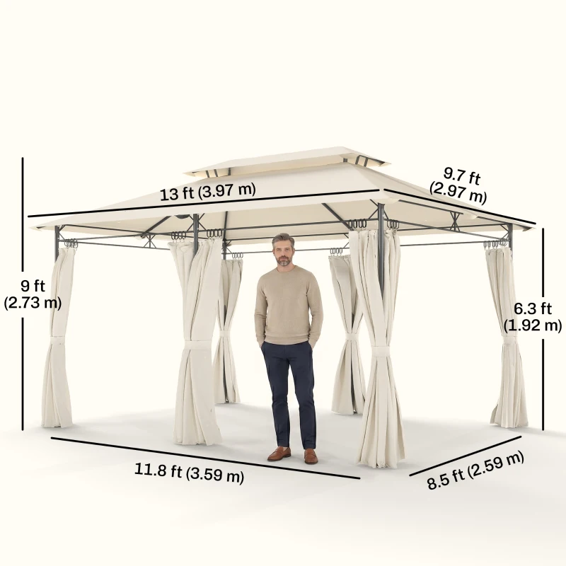 Outsunny 10' x 13' Double Roof Patio Gazebo, Outdoor Gazebo with Curtains, for Garden, Lawn, Backyard and Deck, Cream White