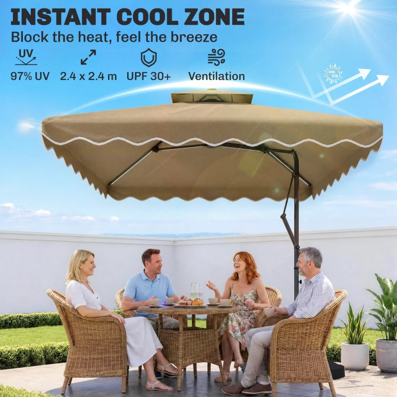 Outsunny 8' x 8' Square Double Top Offset Patio Umbrella Garden Parasol with Solar LED Lights, Ruffles and Weights, Khaki