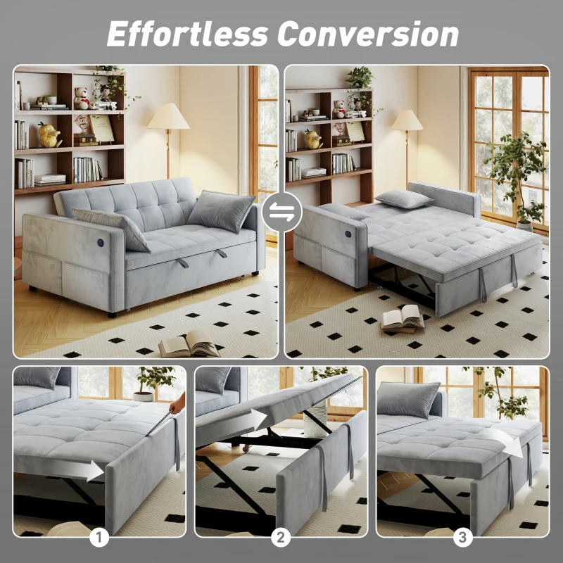 HOMCOM 3‑in‑1 Convertible Sofa Bed, Pull Out Sleeper Sofa with USB Charging, Adjustable Backrest, Side Pockets, Light Grey
