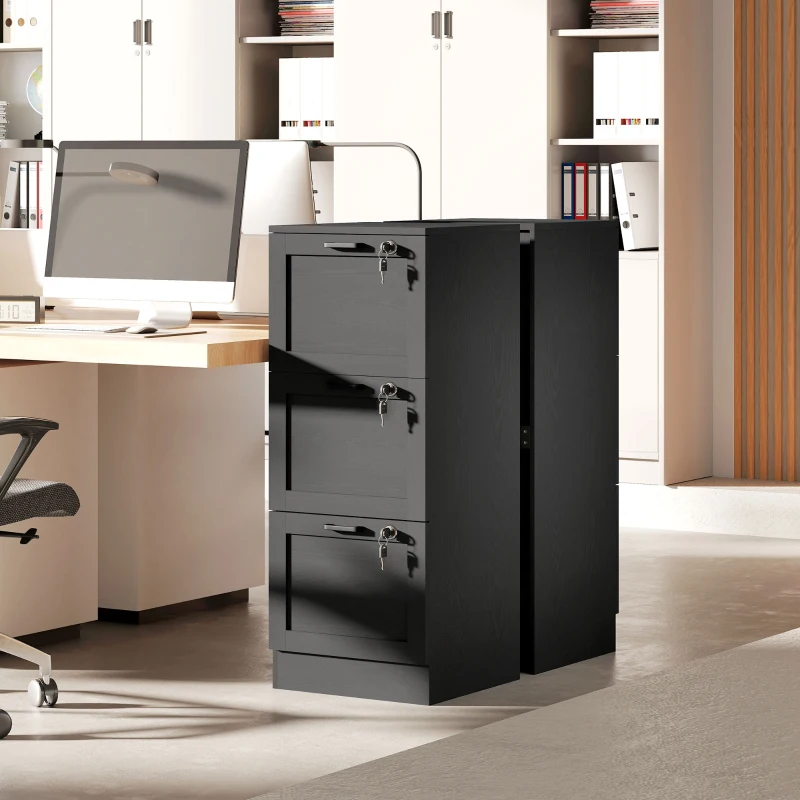 HOMCOM Vertical Filing Cabinet with 3 Drawers, Lock, File Cabinet for Home Office, A4 and Letter Size Files, Black