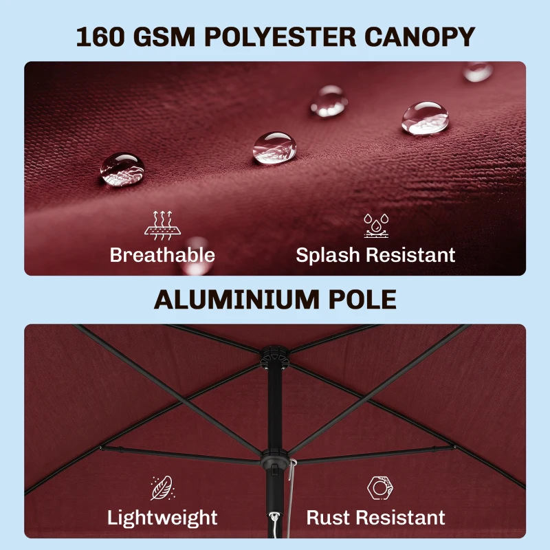 Outsunny 6.5x4ft Rectangle Patio Umbrella Aluminum Tilt Adjustable Garden Parasol Sun Shade Outdoor Canopy Wine Red