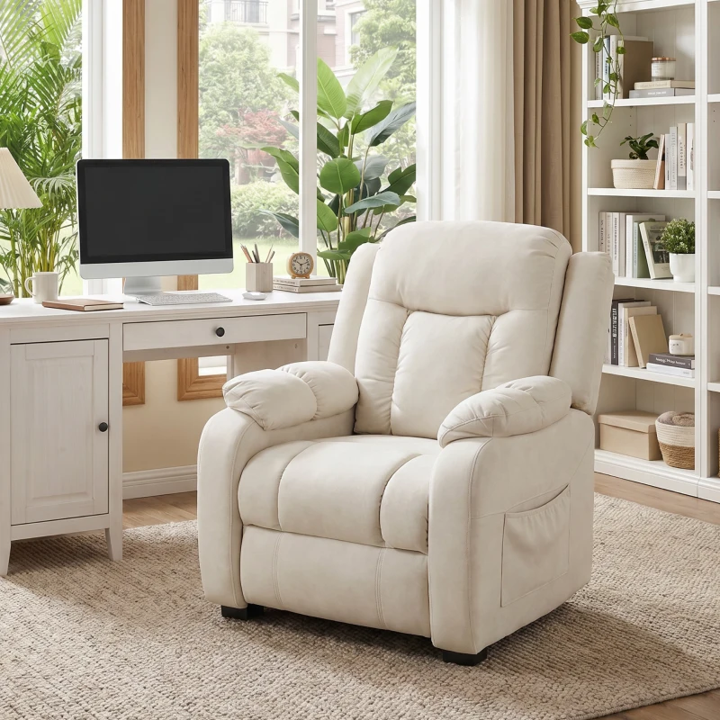 HOMCOM Massage Recliner Chair with Quiet Brushless Motor Pet-Friendly Fabric Power Recliner with 2 Memory Positions Cream White