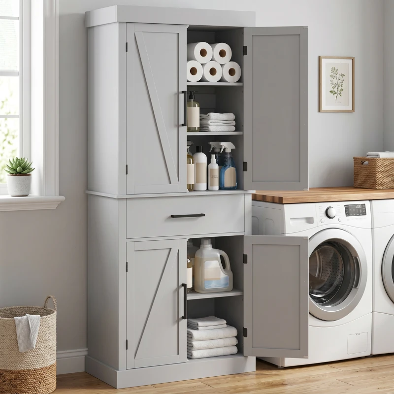HOMCOM 72" Farmhouse Kitchen Cabinet, Kitchen Pantry Cabinet with 4 Barn Doors, Drawer, Adjustable Shelves, Grey