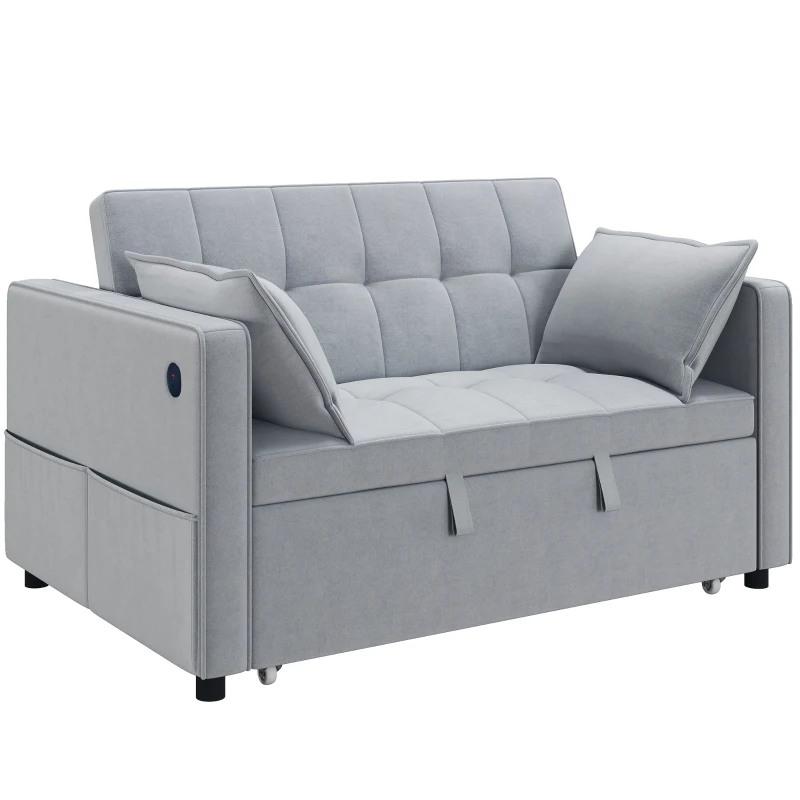 HOMCOM 3‑in‑1 Convertible Sofa Bed, Pull Out Sleeper Sofa with USB Charging, Adjustable Backrest, Side Pockets, Light Grey