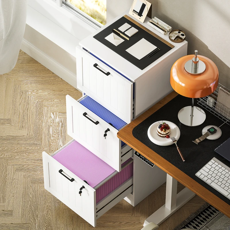 HOMCOM 3 Drawer Filing Cabinet with Lock, Office Storage Cabinet with Adjustable Hanging Bars for A4 Letter Size Files, White