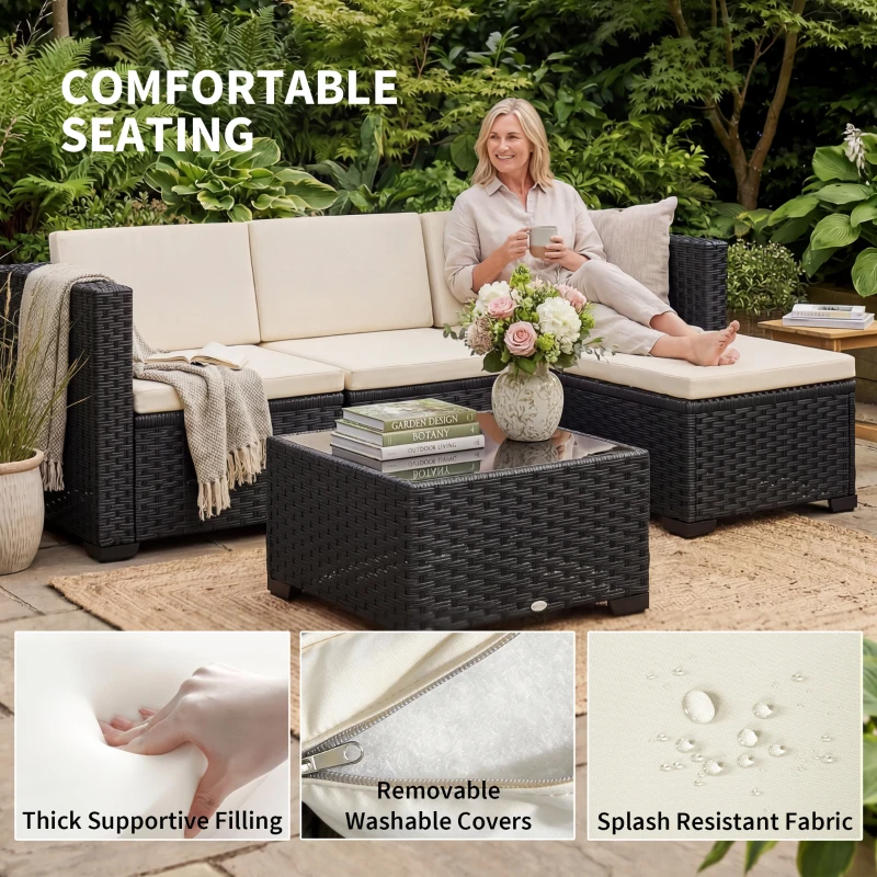 Outsunny 5 Piece Patio Furniture Set, L-Shape Wicker Outdoor Sectional with 3 Chairs, Ottoman, Glass Table, Cushions, Cream