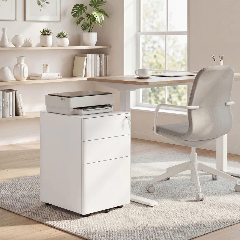 Vinsetto 3 Drawer Filing Cabinet, Steel Home Office Storage Cabinet with Wheels, Lock for A4, Letters, Legal-sized Files, White