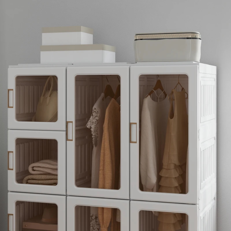 HOMCOM Portable Wardrobe, Foldable Plastic Closet with 8 Compartments, 2 Hanging Rods and Magnetic Clear Doors, Brown