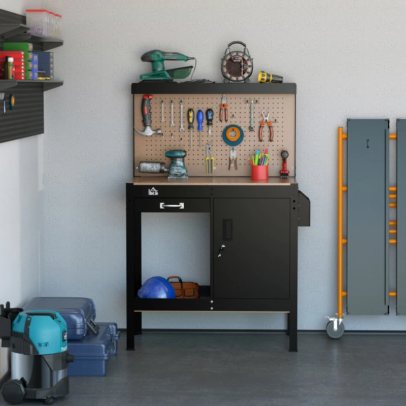 HOMCOM Multipurpose Workbench, Workshop Tool Table with Slide Drawer, Peg Board, Storage Cabinet with Keys