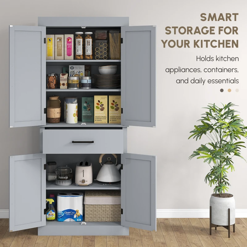HOMCOM 72" Farmhouse Kitchen Cabinet, Kitchen Pantry Cabinet with 4 Barn Doors, Drawer, Adjustable Shelves, Grey