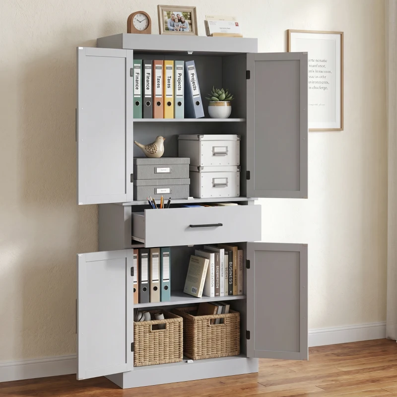 HOMCOM 72" Farmhouse Kitchen Cabinet, Kitchen Pantry Cabinet with 4 Barn Doors, Drawer, Adjustable Shelves, Grey