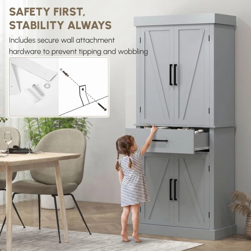HOMCOM 72" Farmhouse Kitchen Cabinet, Kitchen Pantry Cabinet with 4 Barn Doors, Drawer, Adjustable Shelves, Grey