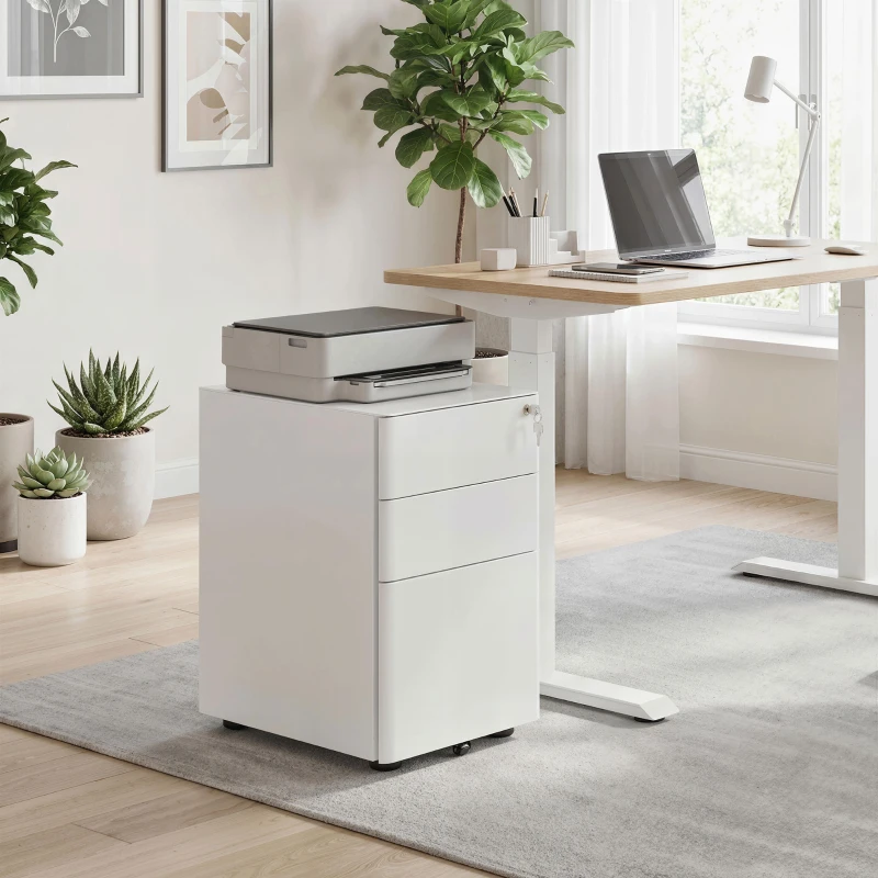 Vinsetto 3 Drawer Filing Cabinet, Steel Home Office Storage Cabinet with Wheels, Lock for A4, Letters, Legal-sized Files, White