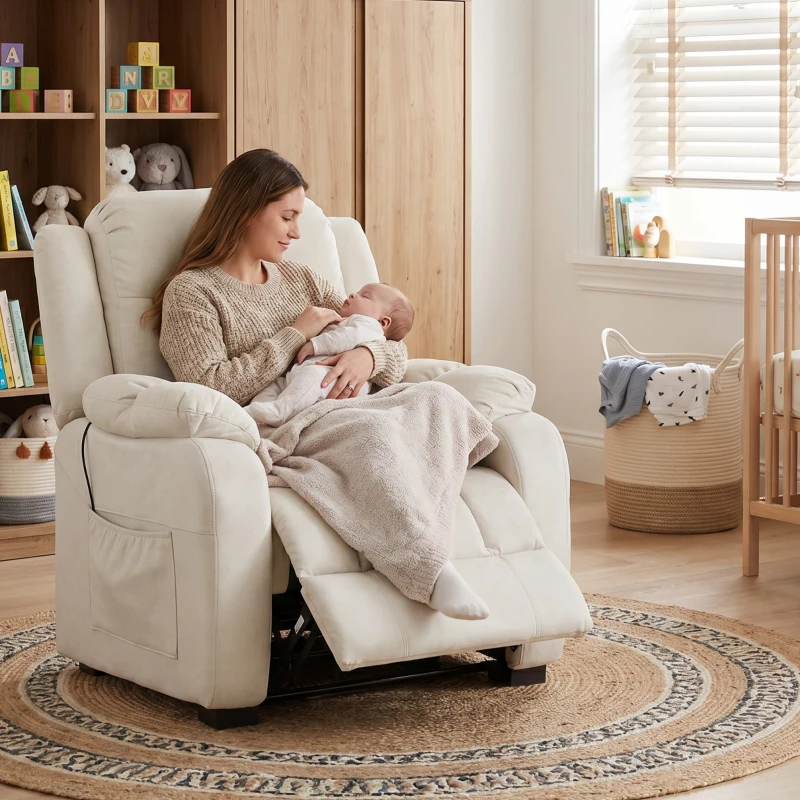 HOMCOM Massage Recliner Chair with Quiet Brushless Motor Pet-Friendly Fabric Power Recliner with 2 Memory Positions Cream White
