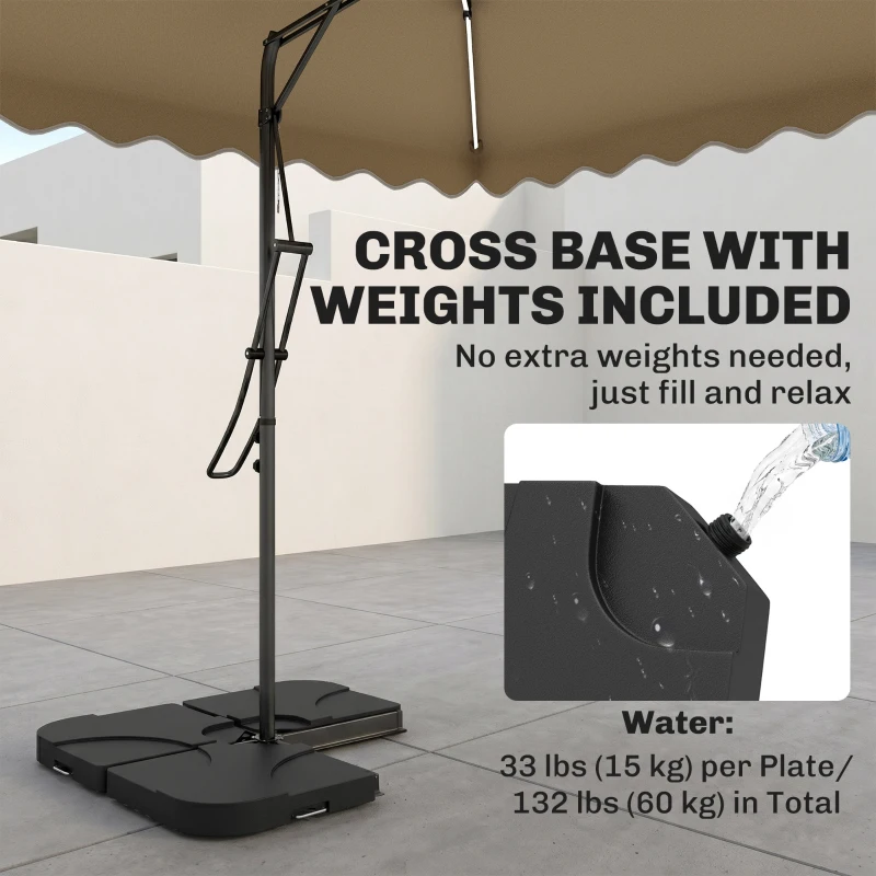 Outsunny 8' x 8' Square Double Top Offset Patio Umbrella Garden Parasol with Solar LED Lights, Ruffles and Weights, Khaki