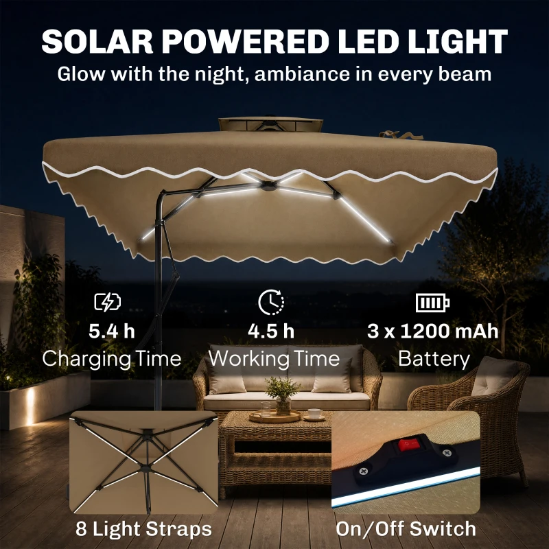 Outsunny 8' x 8' Square Double Top Offset Patio Umbrella Garden Parasol with Solar LED Lights, Ruffles and Weights, Khaki