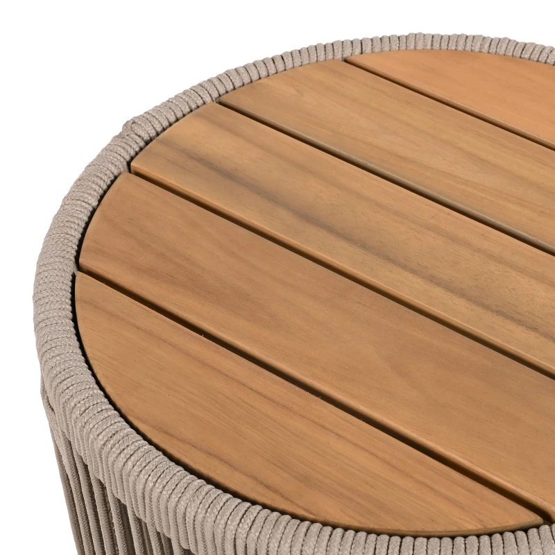 2-Piece Side Table Set with Woven Rope Design, Outdoor Round Table Set for Patio and Poolside, 41" L x 41" W x 32.5" H, Beige+Natural+Teak