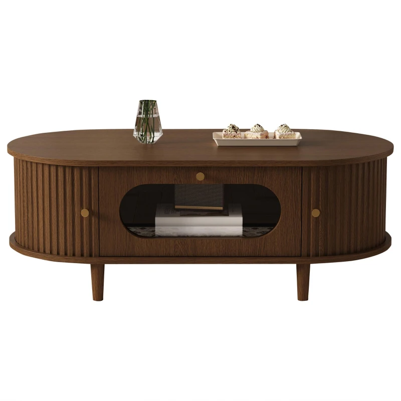 Living Room Coffee Table with Roll-Up Door Storage, Minimalist Center Table with MDF Veneer Top, 39.5" L x 19.5" W x 14" H, Walnut Wood