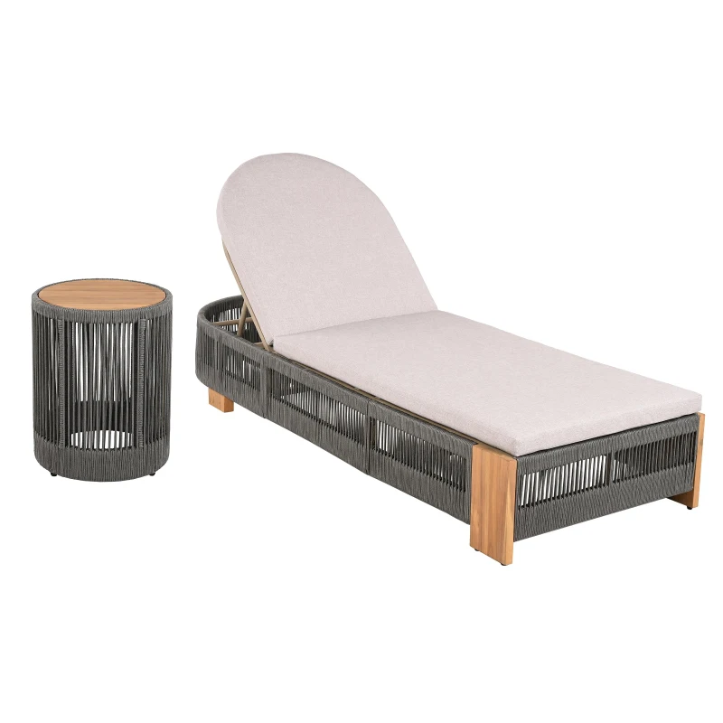 3-Piece Chaise Lounge Set with Adjustable Reclining Chaise, Durable Sun Lounger Set for Outdoor, 94.5" L x 43.5" W x 30" H, Grey+Natural+Teak