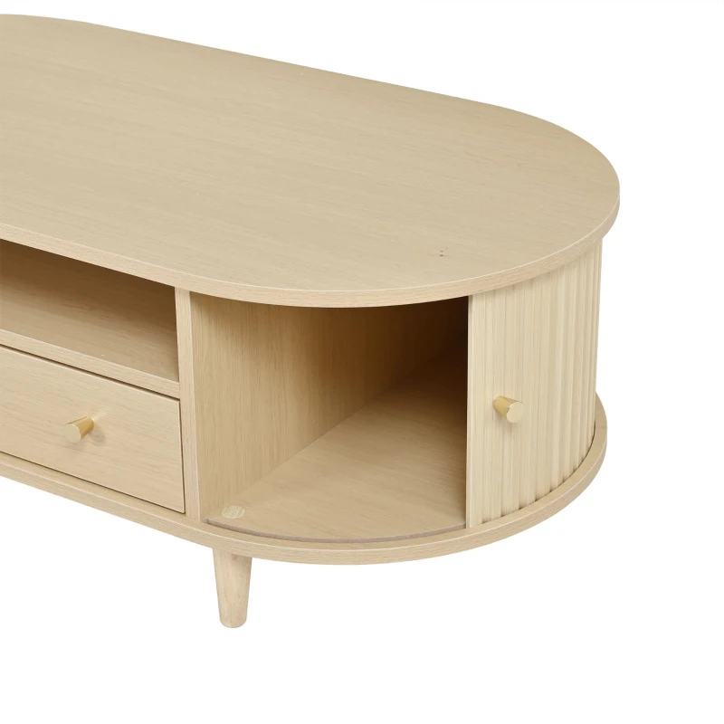 Versatile Oval Coffee Table with Roll-Top Door and Drawer, Spacious Center Table with Open Shelf, 39.5" L x 19.5" W x 14" H, Natural Wood