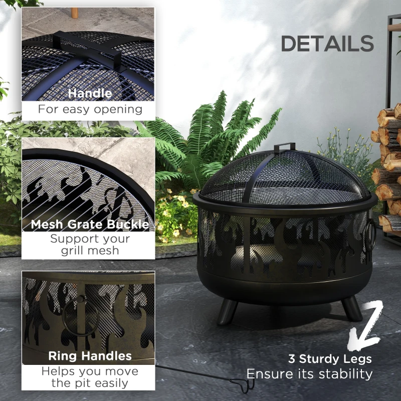 Outsunny Outdoor Metal Fire Pit, 24" Round Firepit Bowl w/ Lid Grill Poker Handles for Garden, Camping, BBQ, Bonfire, Black
