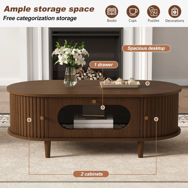 Living Room Coffee Table with Roll-Up Door Storage, Minimalist Center Table with MDF Veneer Top, 39.5" L x 19.5" W x 14" H, Walnut Wood