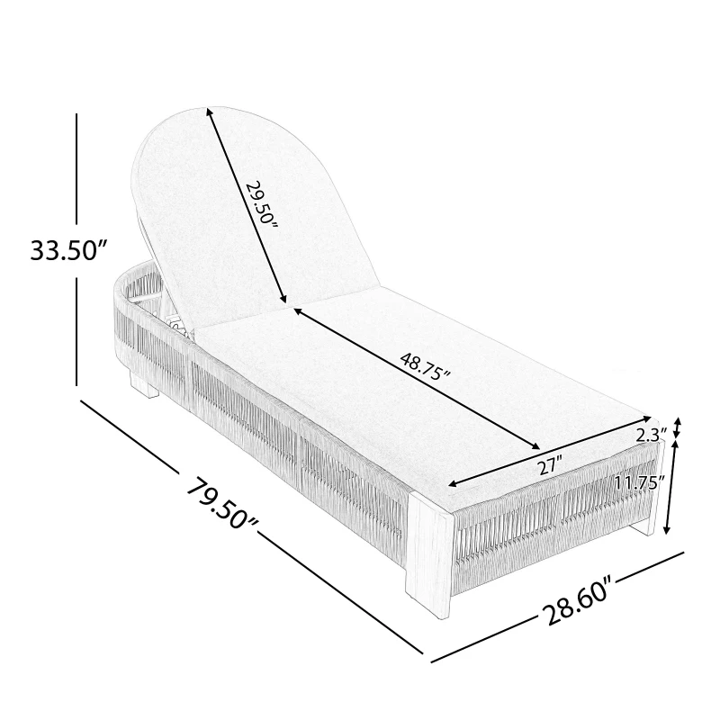 Outdoor Chaise Lounge Chair with Water-Resistant Cushion, Durable Sun Lounger with Rope Detailing, 79.5" L x 28.5" W x 12" H, Grey+Natural+Teak