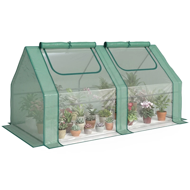 Outsunny 6' x 3' x 3' Portable Mini Greenhouse, Garden Green House Kit with 2 PE/Plastic Covers, Steel Frame and 2 Roll Up Zipper Windows, Dark Green