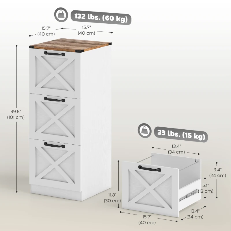 HOMCOM 3 Drawer File Cabinet with Silent Slides, Vertical Farmhouse Filing Cabinet Fits Letter/A4 Size Home Office, White
