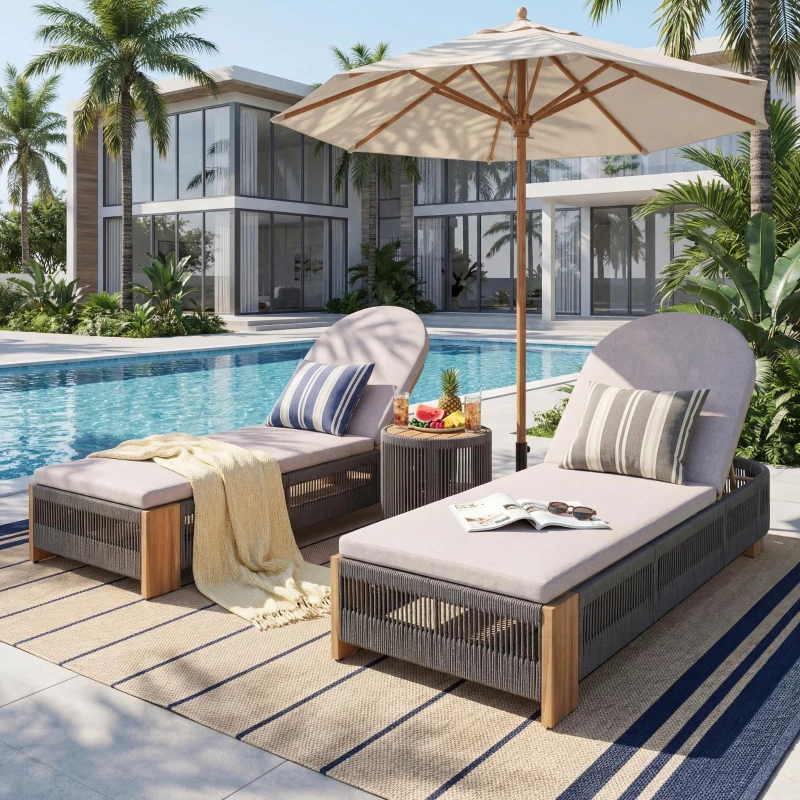 3-Piece Chaise Lounge Set with Adjustable Reclining Chaise, Durable Sun Lounger Set for Outdoor, 94.5" L x 43.5" W x 30" H, Grey+Natural+Teak