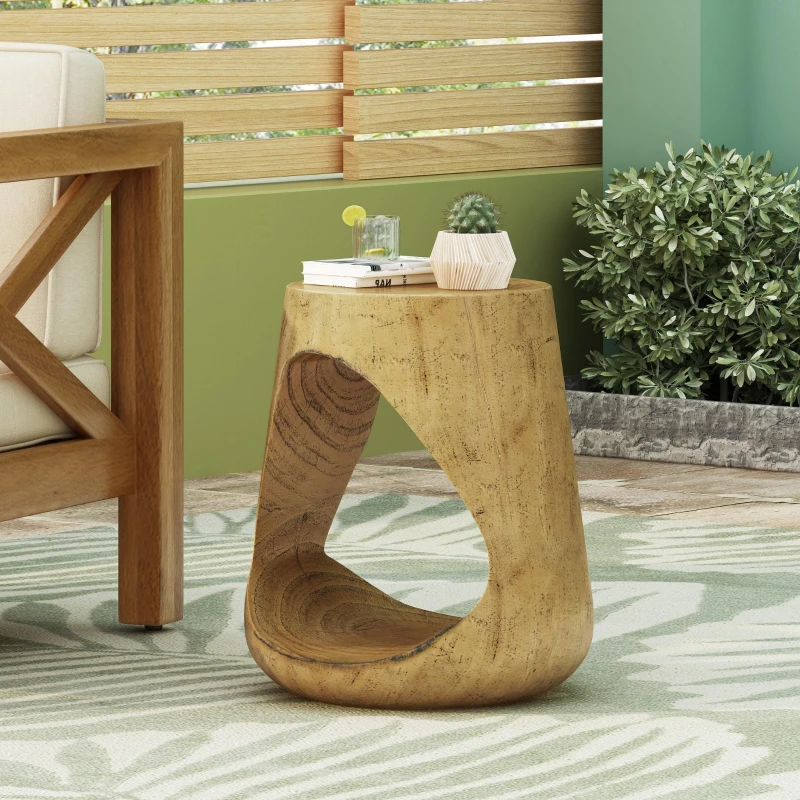 Hollow Side Table with Realistic Wood-Grain Texture, Pet-Friendly End Table with Weather-Resistant Composite, 14.5" L x 14.5" W x 16.5" H, Natural