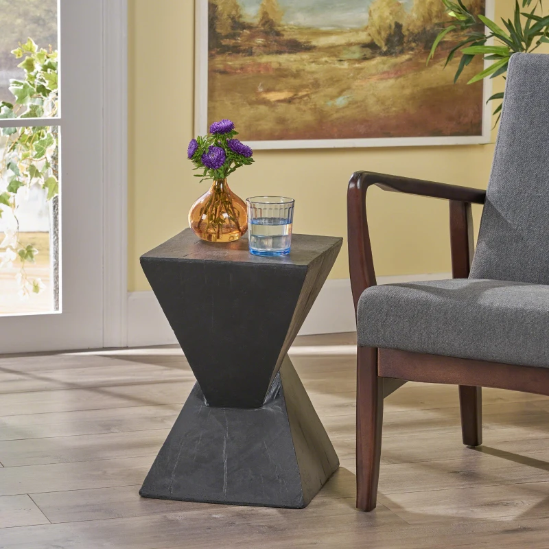 Stylish MGO Accent Table with Realistic Wood-Grain Texture, All-Weather Side Table with Stable 77 Lbs Capacity, 12.5" L x 12.5" W x 18" H, Black