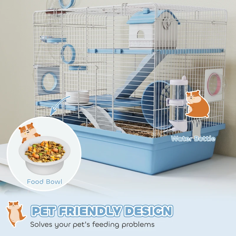 PawHut Hamster Cage, 3-Tier Small Animal Cage with Excerise Wheel, Food Bowl, Water Bottle, House, Tunnels, Ramps
