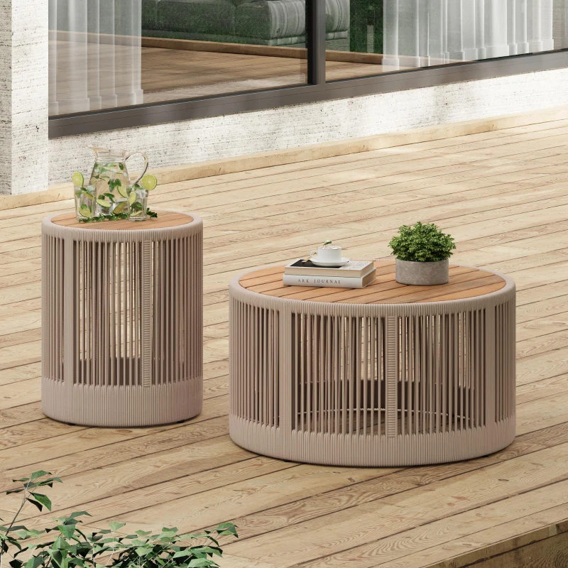 2-Piece Side Table Set with Woven Rope Design, Outdoor Round Table Set for Patio and Poolside, 41" L x 41" W x 32.5" H, Beige+Natural+Teak