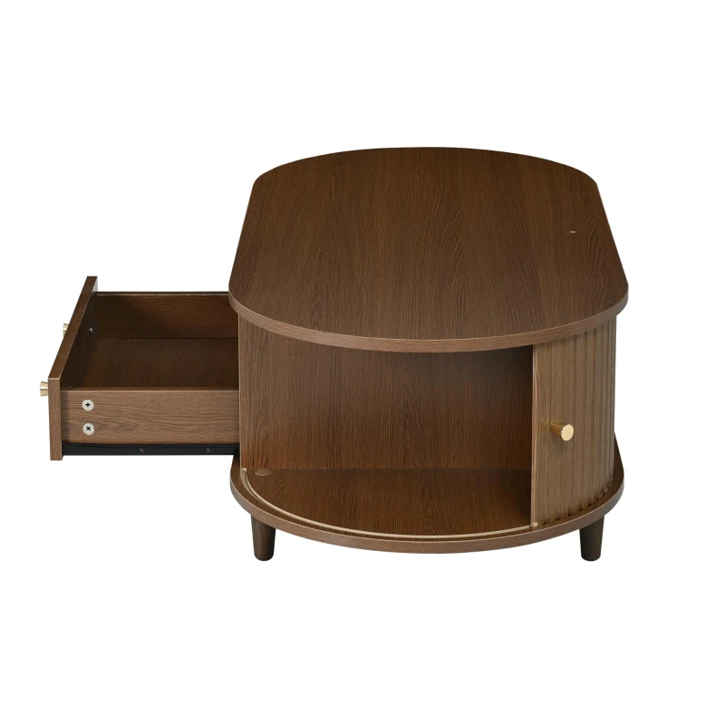 Versatile Oval Coffee Table with Roll-Top Door and Drawer, Spacious Center Table with Open Shelf, 39.5" L x 19.5" W x 14" H, Walnut