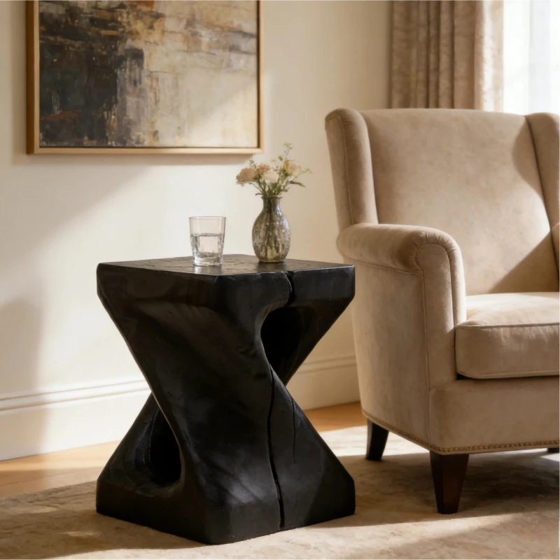 Twisted Hourglass Accent Side Table with MGO Composite, All-Weather End Table with UV-/Water-Resistant Finish, 11.5" L x 11.5" W x 16" H, Black