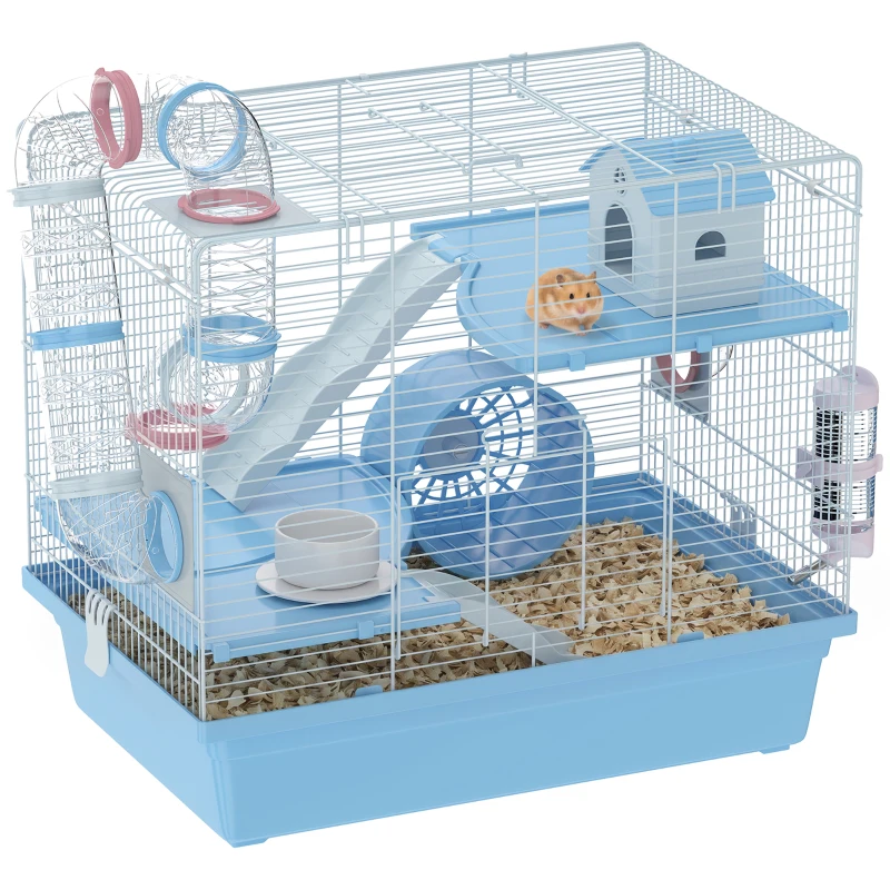 PawHut Hamster Cage, 3-Tier Small Animal Cage with Excerise Wheel, Food Bowl, Water Bottle, House, Tunnels, Ramps