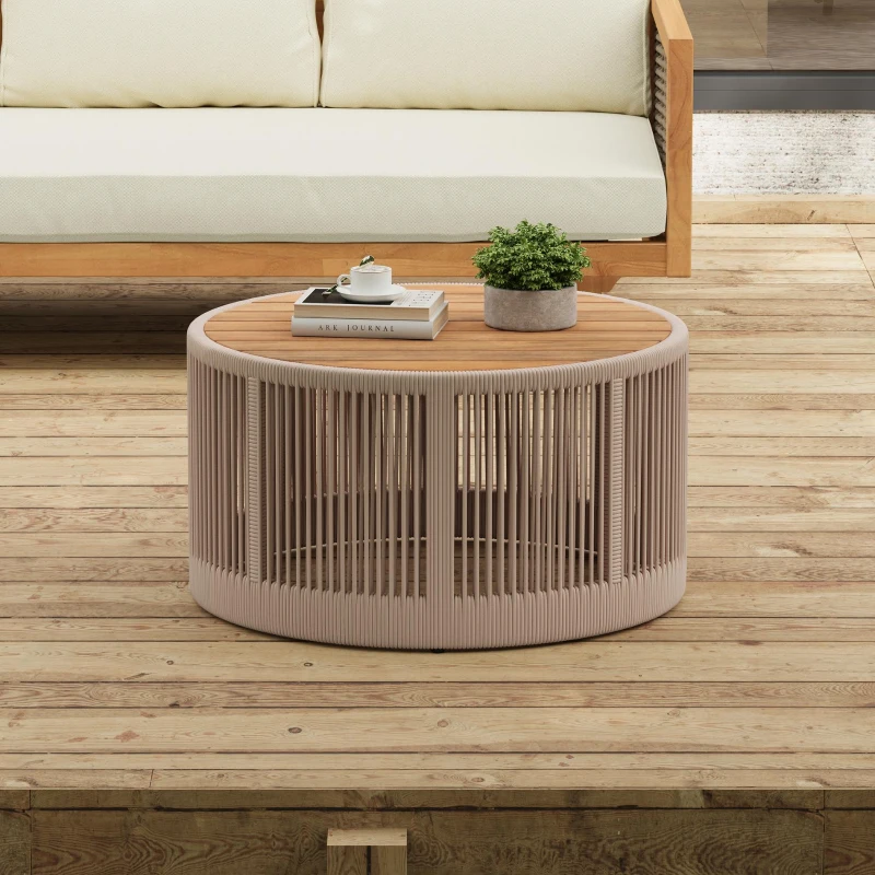 Outdoor Coffee Table with 220 Lbs Capacity, Weather-Resistant Rustic Center Table for Garden, 26" L x 26" W x 14" H, Natural+Teak+Beige