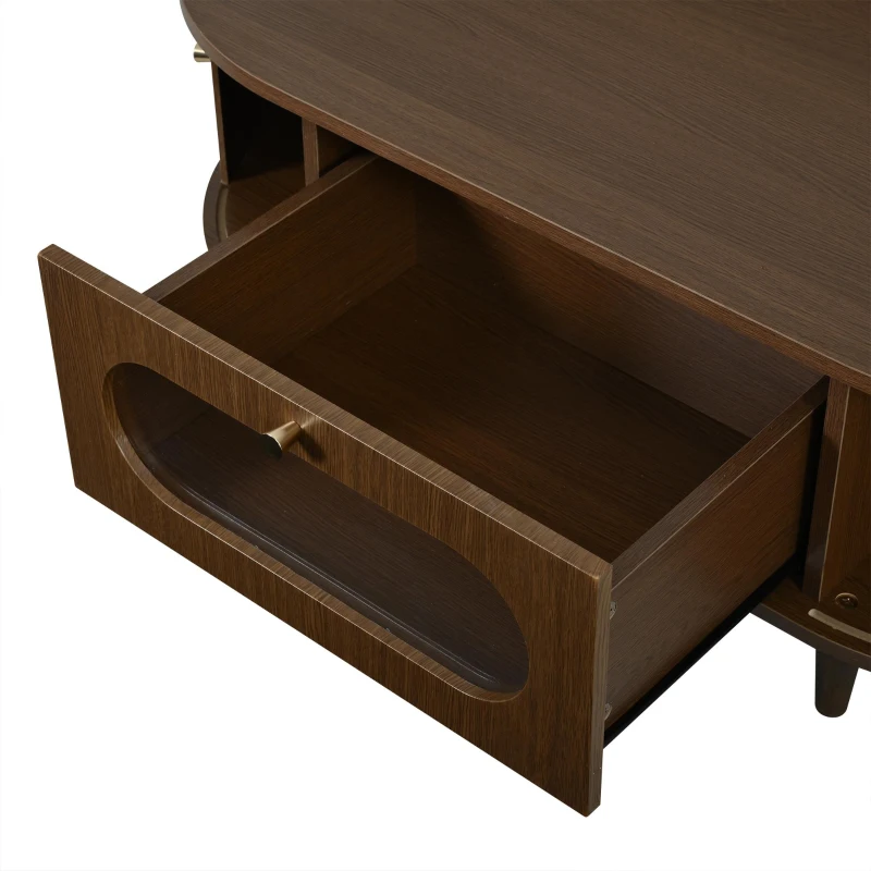 Living Room Coffee Table with Roll-Up Door Storage, Minimalist Center Table with MDF Veneer Top, 39.5" L x 19.5" W x 14" H, Walnut Wood