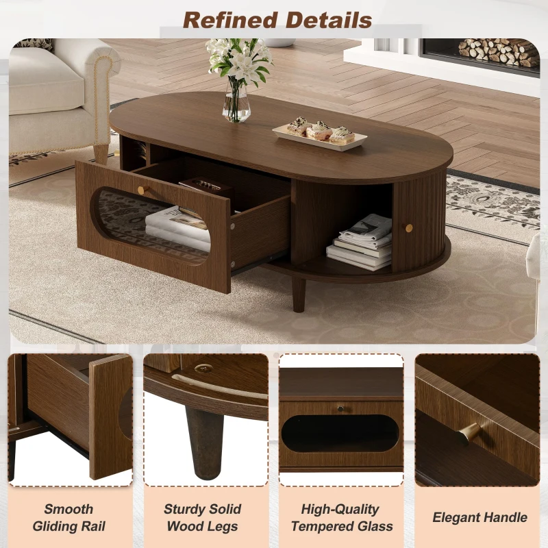 Living Room Coffee Table with Roll-Up Door Storage, Minimalist Center Table with MDF Veneer Top, 39.5" L x 19.5" W x 14" H, Walnut Wood