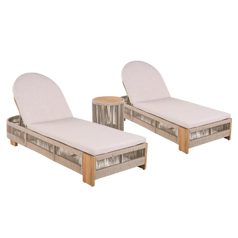 3-Piece Chaise Lounge Set with Adjustable Reclining Chaise, Durable Sun Lounger Set for Outdoor, 94.5" L x 43.5" W x 30" H, Beige+Natural+Teak