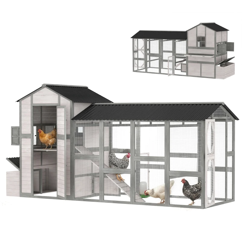 PawHut 147" Extra Large Chicken Coop, Wooden Hen House for 8-10 Hens, Outdoor Chicken House Poultry Hutch with Run, Gray