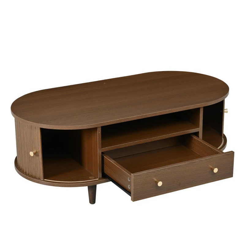 Versatile Oval Coffee Table with Roll-Top Door and Drawer, Spacious Center Table with Open Shelf, 39.5" L x 19.5" W x 14" H, Walnut