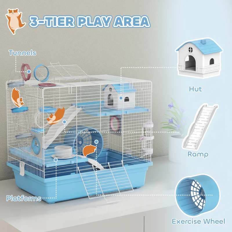 PawHut Hamster Cage, 3-Tier Small Animal Cage with Excerise Wheel, Food Bowl, Water Bottle, House, Tunnels, Ramps