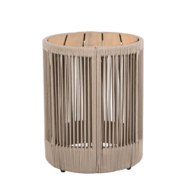 2-Piece Side Table Set with Woven Rope Design, Outdoor Round Table Set for Patio and Poolside, 41" L x 41" W x 32.5" H, Beige+Natural+Teak