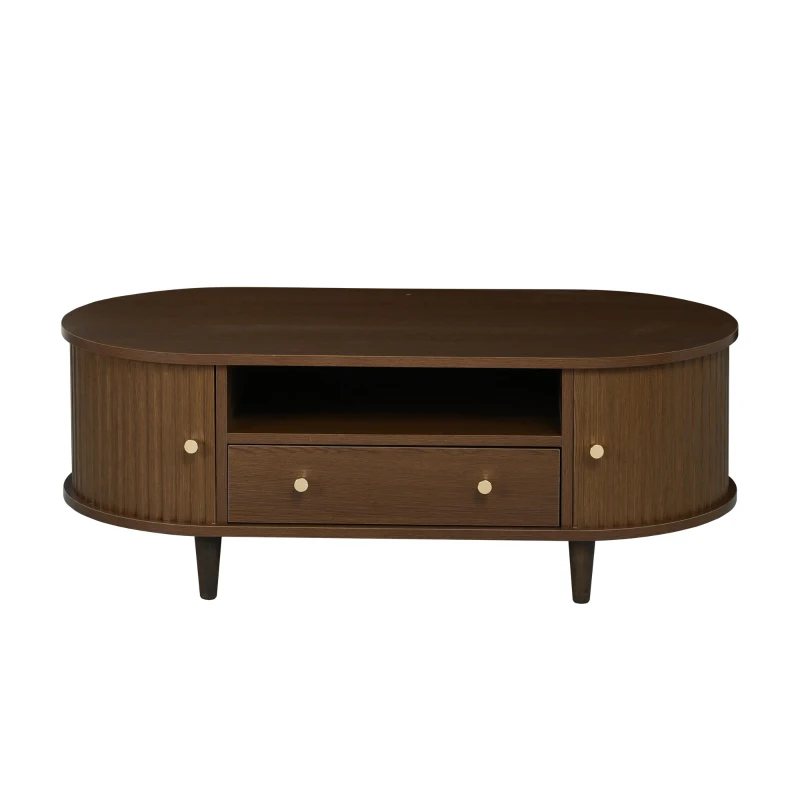 Versatile Oval Coffee Table with Roll-Top Door and Drawer, Spacious Center Table with Open Shelf, 39.5" L x 19.5" W x 14" H, Walnut
