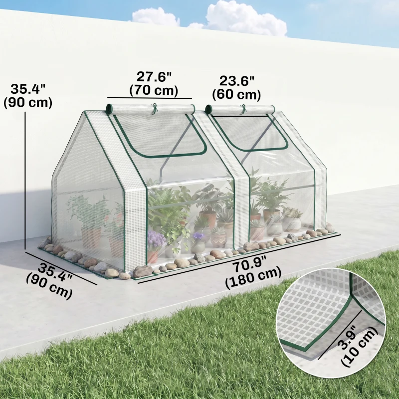 Outsunny 6' x 3' x 3' Portable Mini Greenhouse, Garden Green House Kit with 2 PE/Plastic Covers, Steel Frame and 2 Roll Up Zipper Windows, White