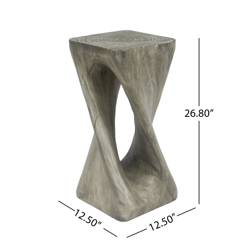 Sculptural MGO Accent Table with Unique Wood-Grain Texture, All-Weather Side Table with 200 Lbs Capacity, 12.5" L x 12.5" W x 27" H, Grey