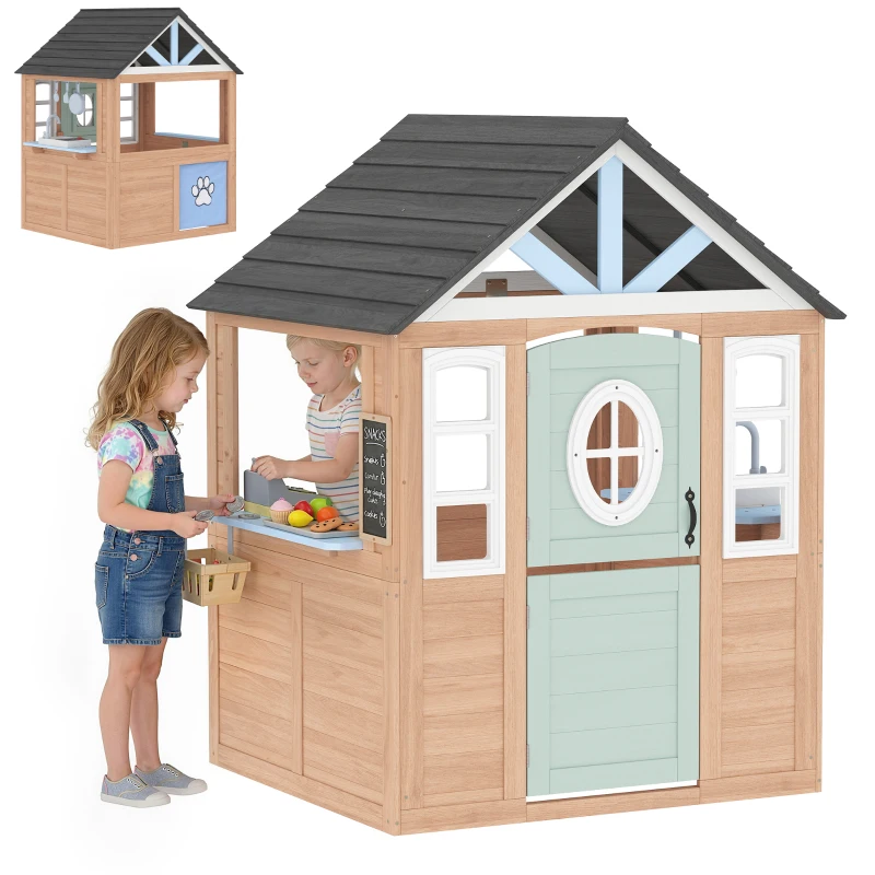 Qaba Kids Outdoor Playhouse, Wooden Cottage Play House with Pet Door, Play Kitchen, Half Door and Windows for Indoor Outdoor