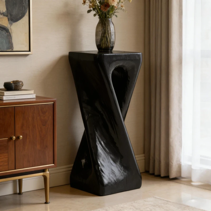 Sculptural MGO Accent Table with Unique Wood-Grain Texture, All-Weather Side Table with 200 Lbs Capacity, 12.5" L x 12.5" W x 27" H, Black